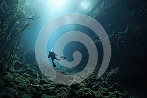 Diver in front of the sunken hull.