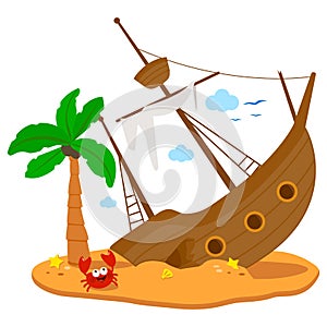 Shipwreck on an island. Vector illustration photo