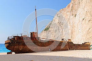 Shipwreck beach with remainder of wrecked ship on Zakynthos island