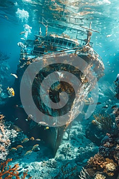 A shipwreck in the ocean surrounded by corals and fish. Generative AI
