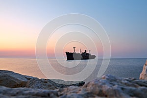 Shipwreck and rocks on the seashore in Costinesti, Romania