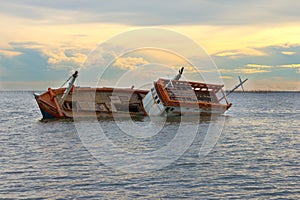 Shipwreck with stranded on the sea