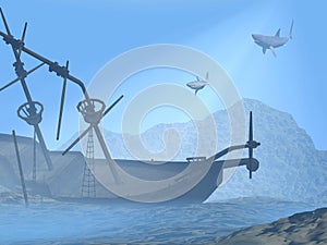 Shipwreck underwater - 3D render