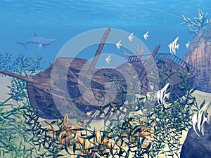 Shipwreck underwater - 3D render