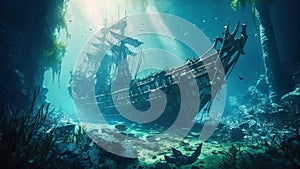 Shipwreck underwater, derelict wreck of old sailing ship under water, generative AI