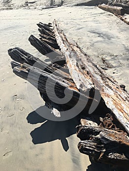 Shipwreck washed up on the beach