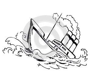 Shipwreck in the waves. Vector drawing