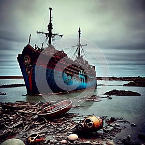 Shipwrecked World. Post-apocalyptic coastal scene with sunken ships, washed-up debris