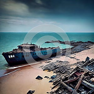 Shipwrecked World. Post-apocalyptic coastal scene with sunken ships, washed-up debris