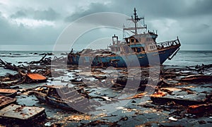 Shipwrecked World. Post-apocalyptic coastal scene with sunken ships, washed-up debris