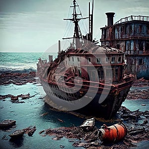 Shipwrecked World. Post-apocalyptic coastal scene with sunken ships, washed-up debris