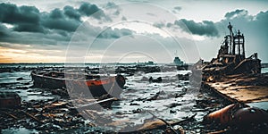 Shipwrecked World. Post-apocalyptic coastal scene with sunken ships, washed-up debris photo