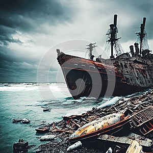 Shipwrecked World. Post-apocalyptic coastal scene with sunken ships, washed-up debris photo