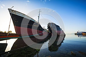 Shipwrecks in a ship-breaking yard in Greece.