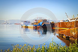 Shipwrecks in a ship-breaking yard in Greece.