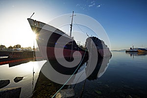 Shipwrecks in a shipbreaking yard in Greece.