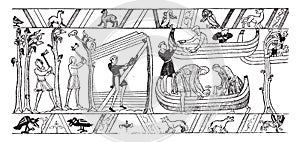 Shipwrights, eleventh century, vintage engraving photo