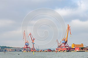 Shipyard cranes at the harbor in Gothenburg