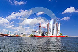 Shipyard in Gdynia with wind turbine installation vessel