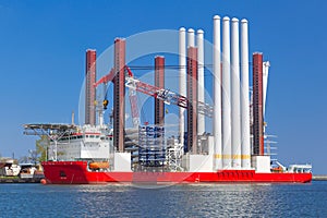 Shipyard in Gdynia with wind turbine installation vessel