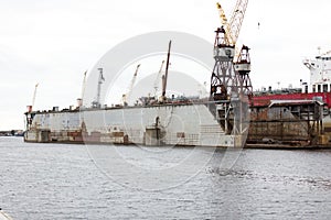 Shipyard industry, ship building, floating dry dock in shipyard