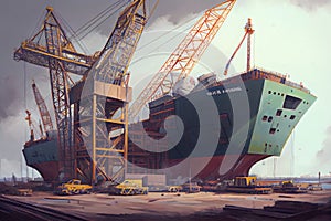 shipyard, with massive crane lifting newly built ship from the water