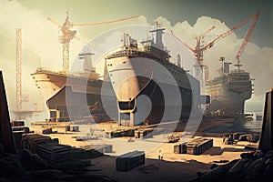 shipyard with rows of massive ships under construction in dock