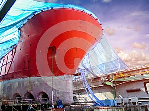 Shipyard Ship mooring in floating dock under repair