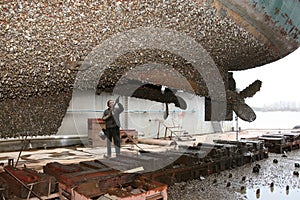 Shipyard worker cleans the ship stuya water