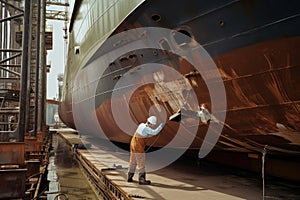 shipyard, with workers welding and hammering on hull of new ship