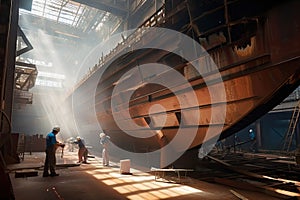 shipyard, with workers welding and hammering on hull of new ship