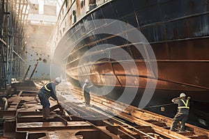 shipyard, with workers welding and hammering on hull of new ship