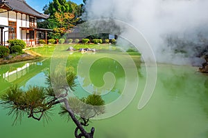 Shiraike Jigoku hot spring in Beppu, Oita. The town is famous for its onsen (hot springs). It has 8