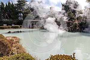 Shiraike Jigoku White Pond Hell is one of the tourist attractions representing the various hells at Beppu Onsen, Oita.