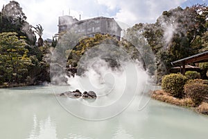 Shiraike Jigoku White Pond Hell is one of the tourist attractions representing the various hells at Beppu Onsen, Oita, Japan