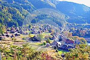 Shirakawa-go (ogimachi village) an autumn rains, begin to colors of autumn, Japan.