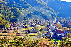 Shirakawa-go (ogimachi village) an autumn rains, begin to colors of autumn, Japan.