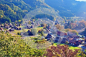 Shirakawa-go (ogimachi village) an autumn rains, begin to colors of autumn, Japan.