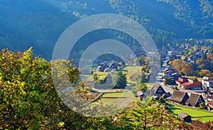 Shirakawa-go (ogimachi village) an autumn rains, begin to colors of autumn, Japan.