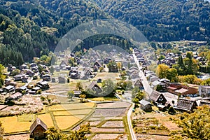 Shirakawa Historical Japanese. Shirakawago village in autumn from aerial view. House build by wooden with roof gassho zukuri style