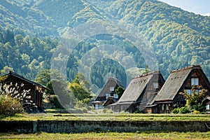 Shirakawa Historical Japanese. Shirakawago village in autumn from aerial view. House build by wooden with roof gassho zukuri style