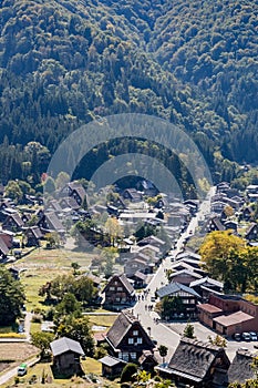 Shirakawa Historical Japanese. Shirakawago village in autumn from aerial view. House build by wooden with roof gassho zukuri style