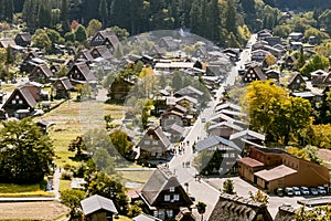 Shirakawa Historical Japanese. Shirakawago village in autumn from aerial view. House build by wooden with roof gassho zukuri style