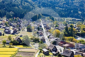 Shirakawa Historical Japanese. Shirakawago village in autumn from aerial view. House build by wooden with roof gassho zukuri style