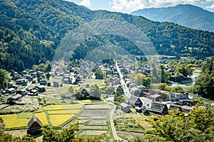 Shirakawa Historical Japanese. Shirakawago village in autumn from aerial view. House build by wooden with roof gassho zukuri style