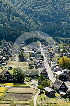 Shirakawa Historical Japanese. Shirakawago village in autumn from aerial view. House build by wooden with roof gassho zukuri style