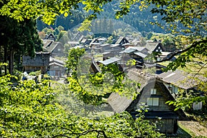 Shirakawa Historical Japanese. Shirakawago village in autumn from aerial view. House build by wooden with roof gassho zukuri style