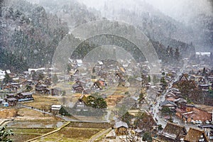 Shirakawago historic village under winter snow