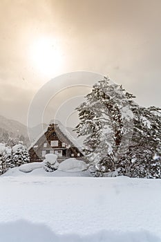 Shirakawago with Sun Snow