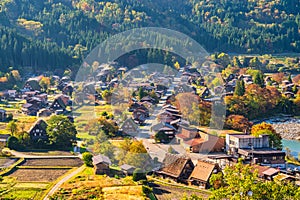 Shirakawago village Gifu Japan, Gassho house in autumn foliage season